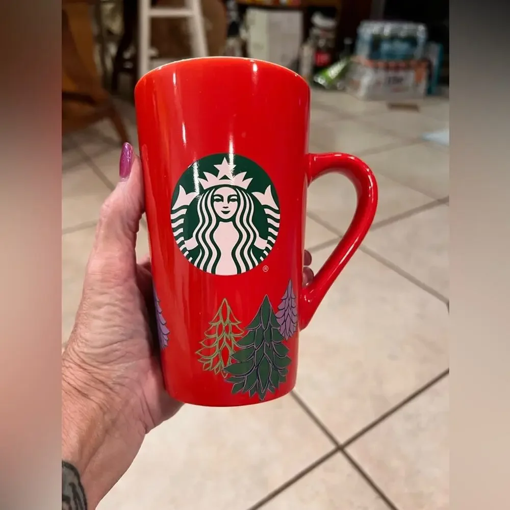 Starbucks red pine tree Christmas offer mug size 16 oz